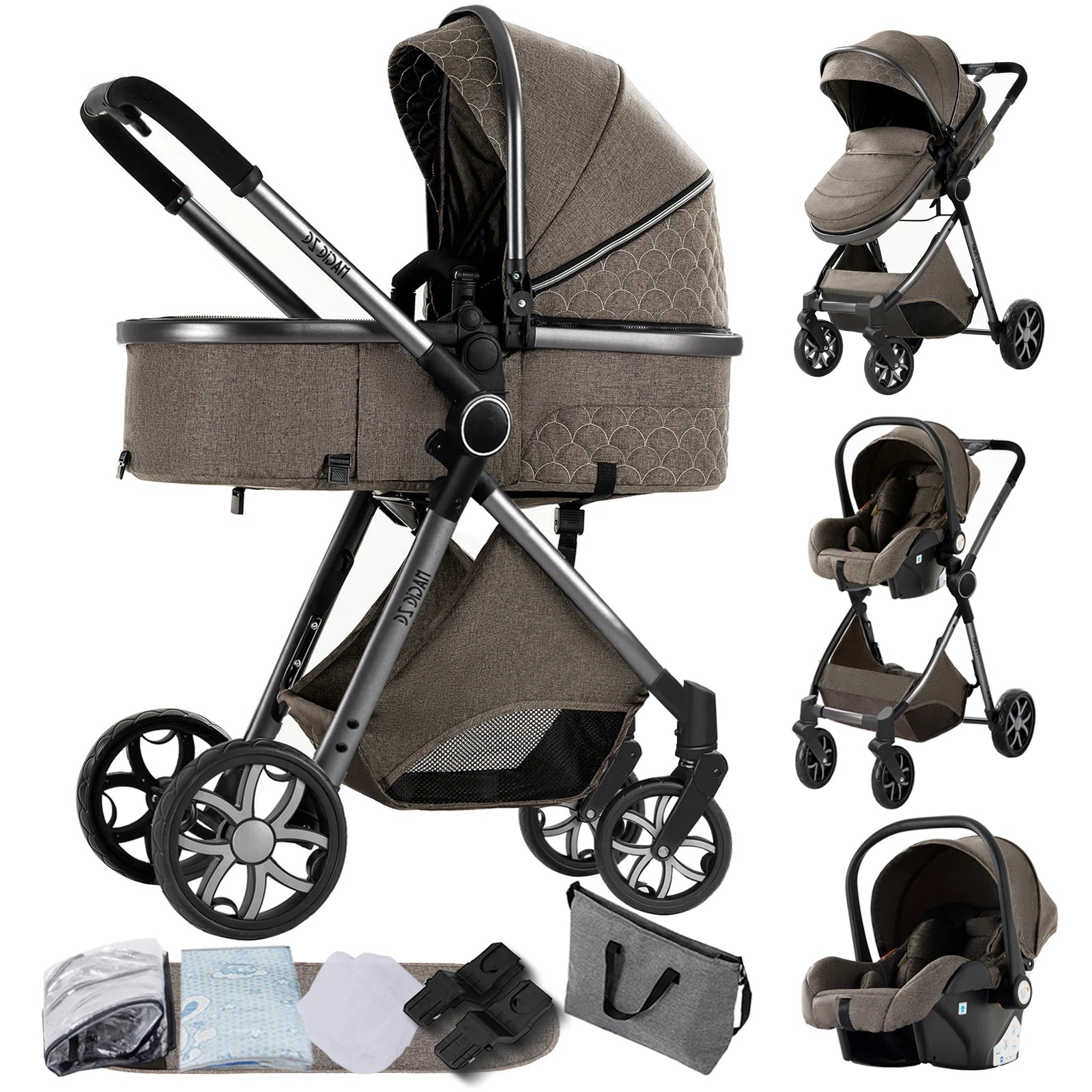 3-in-1 Kinderwagen – Reiswagentje – Wandelwagen – Autostoeltje – Wiegje – Compact & Lichtgewicht – Geschikt voor 0-36 Maanden – Grijs - QUORE
