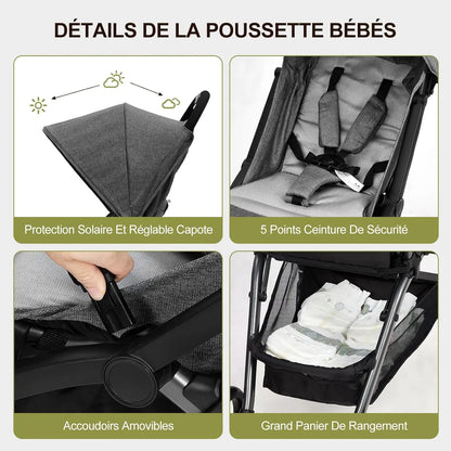 kinderwagen - Jogging buggy - Runner - Lichtgewicht kinderwagen - Baby kinderwagen - Kinderwagen - Automatisch zelf opvouwbaar - Reiskinderwagen voor vliegtuig - Opvouwbaar met één hand - Kinderwagen voor peuters - Grijs