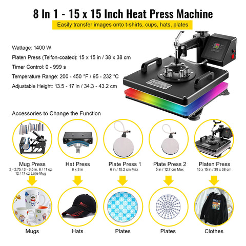 Heat Press - Transferpers - Sublimatieprinter - Heat Press Machine - 8 in 1 - 15 x15 Inch - Multifunctionele Sublimatie - voor Mok/Latte Mok/Hoed/Plaat/fles