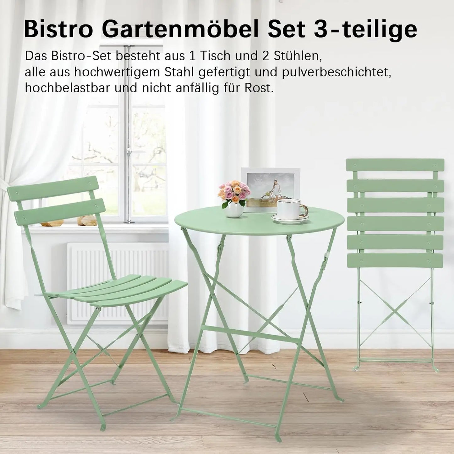 Bistroset - Tuinset - Tuintafel met Stoelen - 3-delige - Opvouwbare - Stalen Tafel en Stoelen voor Balkon - Balkonset 2 Personen - Bistrotafel - Lichtblauw - QUORE