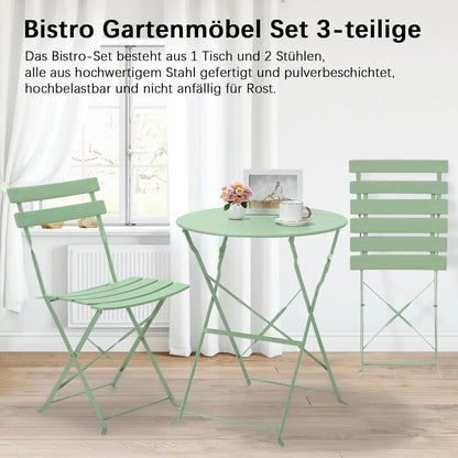 Bistroset - Tuinset - Tuintafel met Stoelen - 3-delige - Opvouwbare - Stalen Tafel en Stoelen voor Balkon - Balkonset 2 Personen - Bistrotafel - Lichtblauw - QUORE