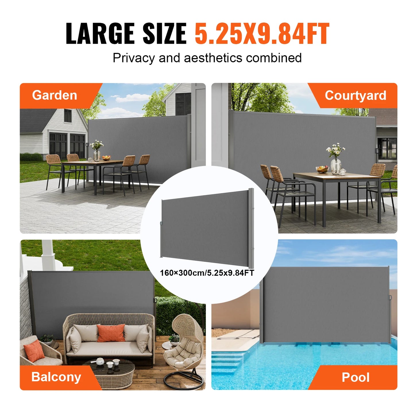 Windscherm - Zonnescherm - Uittrekbaar Windscherm - Waterdicht - Uitschuifbaar – Oprolbaar - 200x300cm - Zijscherm - Privacydoek voor Terras, Balkon of Tuin met UV-bescherming - Grijs