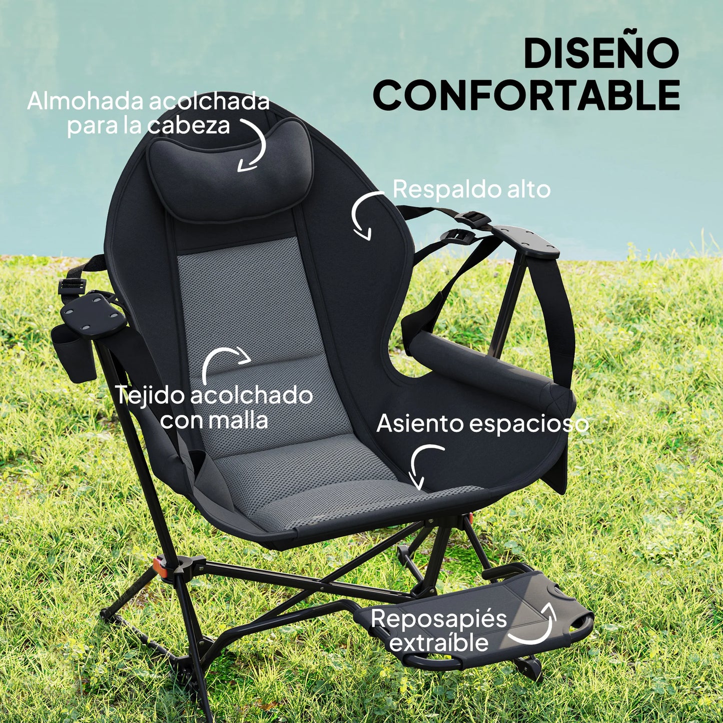 Camping Stoel – Relaxstoel – Loungefauteuil – Voedingsstoel – Fauteuil – Verstelbare Rugleuning tot 168° – Water- en UV-bestendige Oxford Stof - 88 x 160 x 104 cm - Zwart