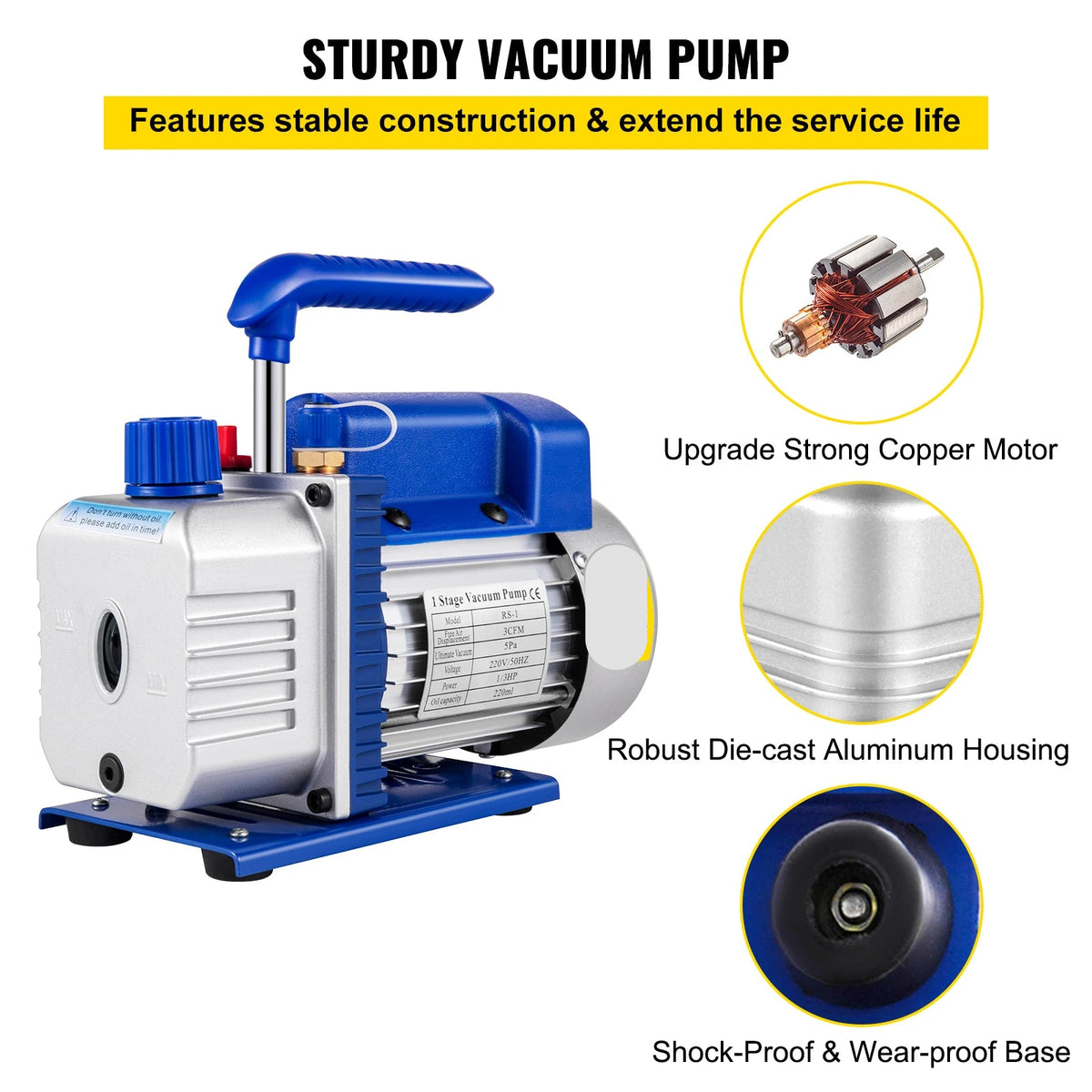 Vacuümpomp - Koelmiddel Vacuümpomp - Koelmiddel Gereedschap - 3CFM - Eentraps - HVAC voor Huishoudelijke Air Conditioning Reiniging - Auto Reparatie Vacuümpomp - Blauw