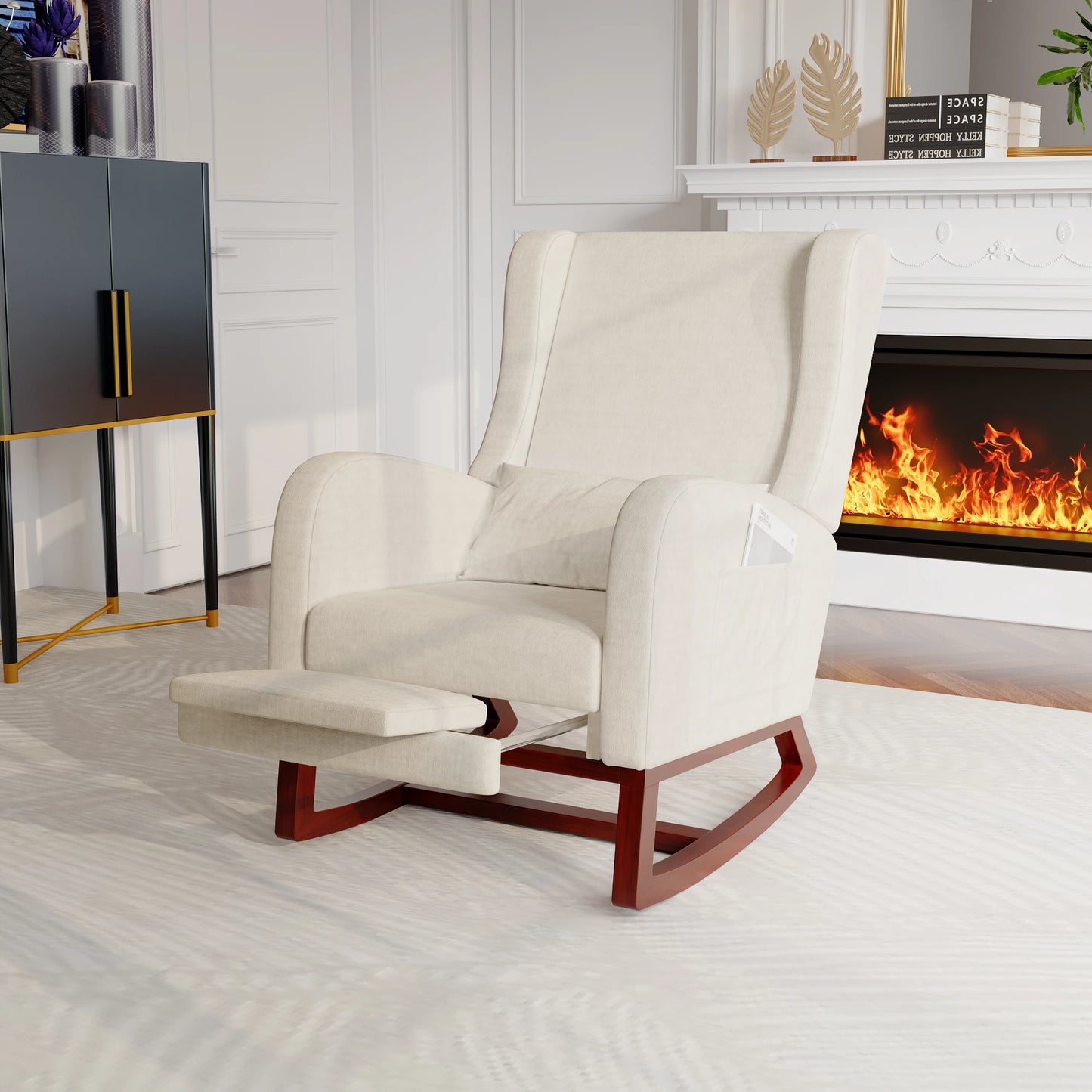Schommelstoel – Schommelstoel Woonkamer – Relaxstoel – Loungestoel – Houten Basis – Zachte Pluche Bekleding – Zijvakken – Draagvermogen 150 kg