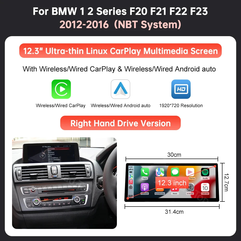 12.3'' Ultra-thin Linux Screen Car Multimedia Display For BMW 1 2 Series F20 F21 F22 F23 NBT EVO Wireless CarPlay Android Auto