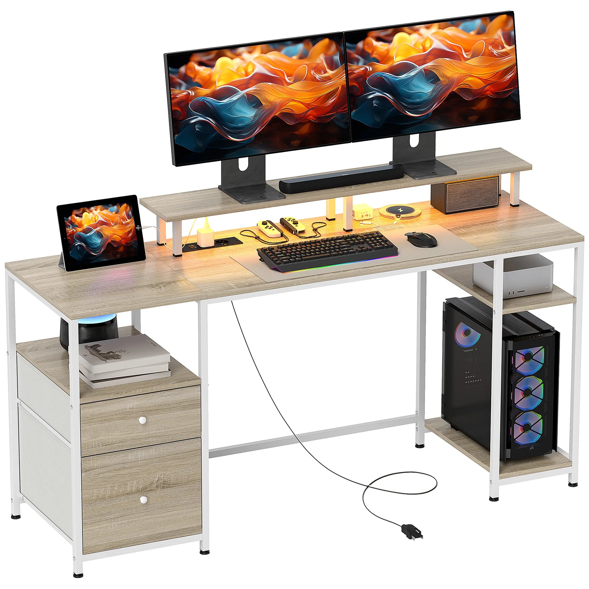 Bureau - Bureautafel - Computerbureau - Kantoor Tafel - Werktafel - 155,5x48x75,5cm - met Monitorstand - USB-poorten - en Stopcontacten - Natuurlijk Houtlook - en Wit - QUORE