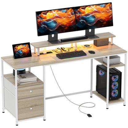 Bureau - Bureautafel - Computerbureau - Kantoor Tafel - Werktafel - 155,5x48x75,5cm - met Monitorstand - USB-poorten - en Stopcontacten - Natuurlijk Houtlook - en Wit - QUORE