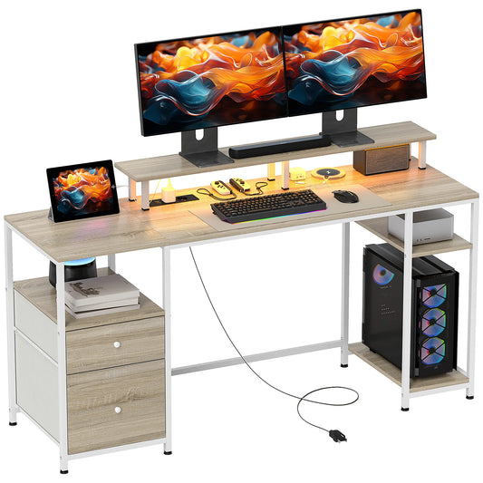 Bureau - Bureautafel - Computerbureau - Kantoor Tafel - Werktafel - 155,5x48x75,5cm - met Monitorstand - USB-poorten - en Stopcontacten - Natuurlijk Houtlook - en Wit - QUORE