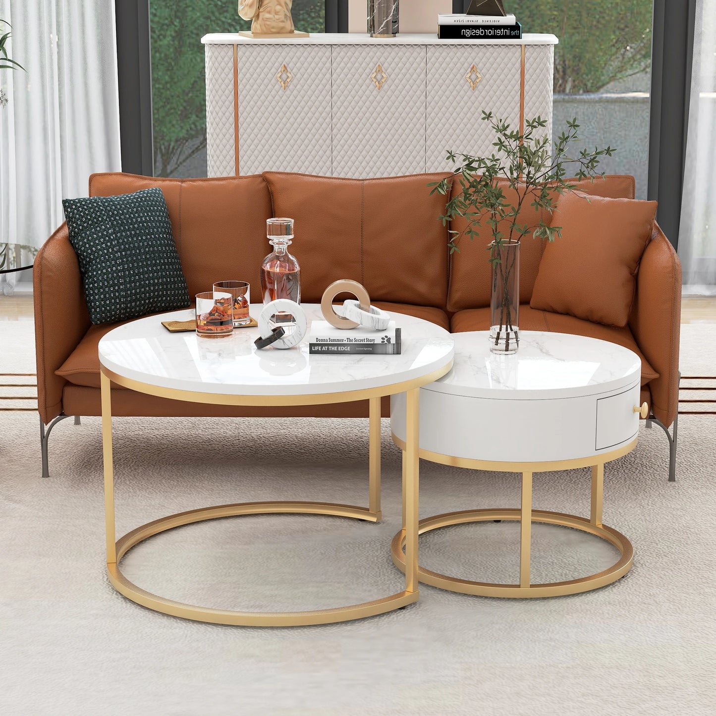 Nesting Salontafel Set – Ronde Bijzettafels – Coffee Table – Woonkamertafel – Hoogglans Marmerlook – Zwart – Ruimtebesparend Design – MDF Bladen