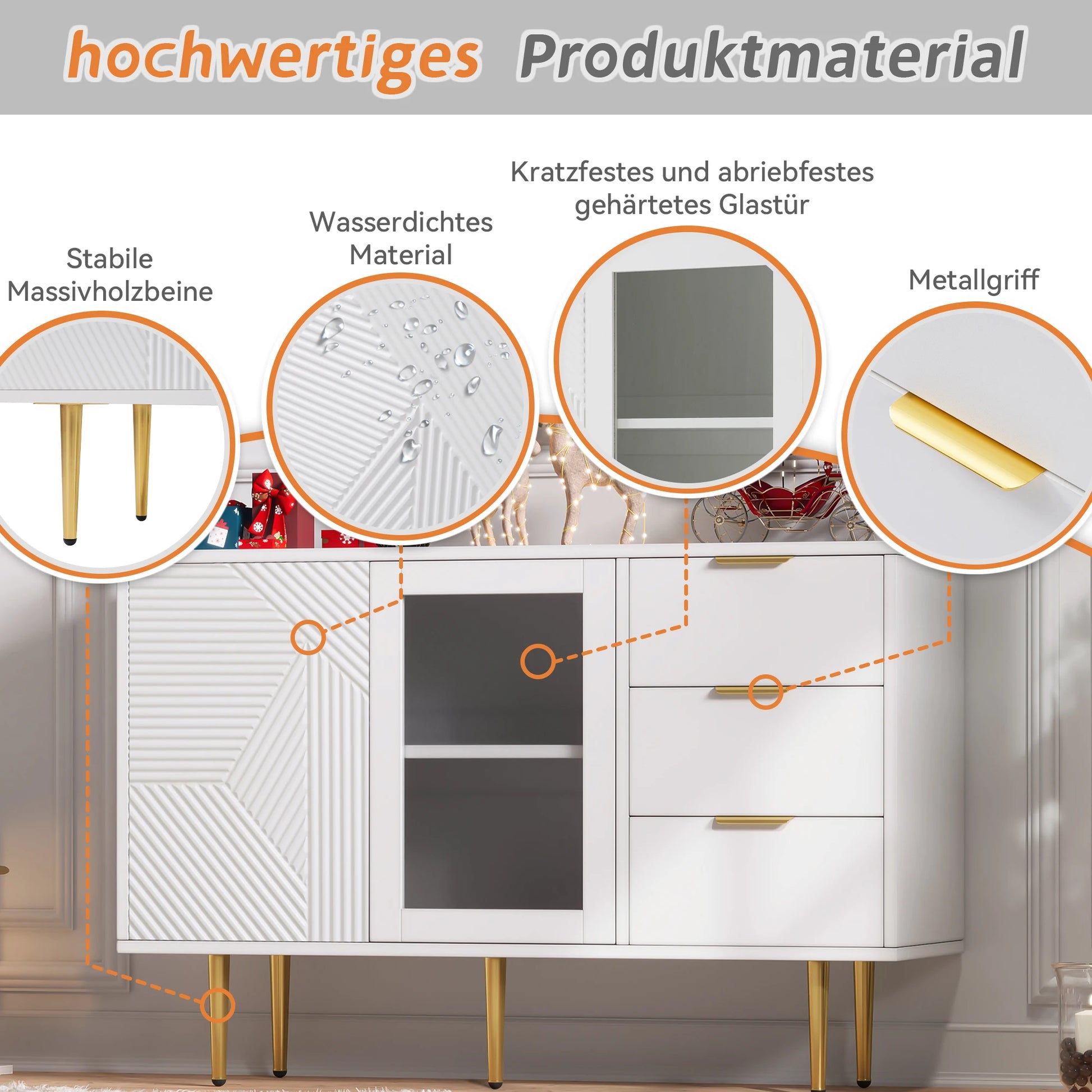 Opbergkast – Opbergmeubel – Kast Met Lades – Kast Met Glazen Deuren – 120 X 38 X 79,5 Cm – MDF En Metalen Poot - QUORE