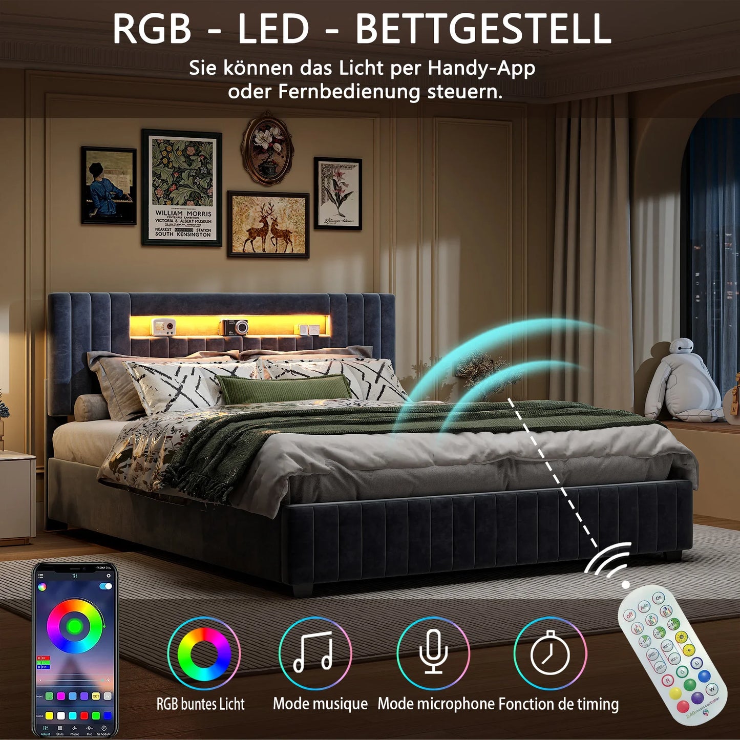 Polsterbed – Polsterbed Met Opbergruimte – Bed Met Led Hoofdbord – Slaapbank – Opklapbed – 160x200 cm – Verstelbare LED Verlichting – Hydraulisch Opklapbaar Opbergvak