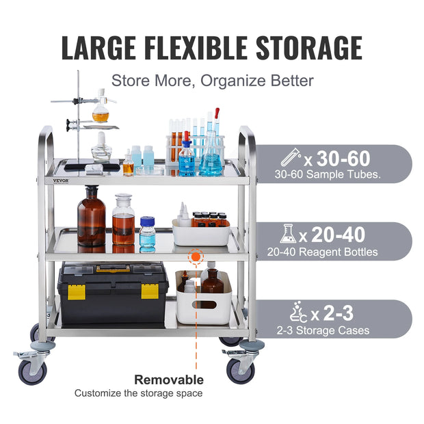 Laboratoriumwagen - Wagen - Kar  - Roestvrij Staal - 1 Laag - Lab Utility Cart Medische Kar - met Vergrendelbare Universele Wielen - Lab Kliniek Keuken Salon
