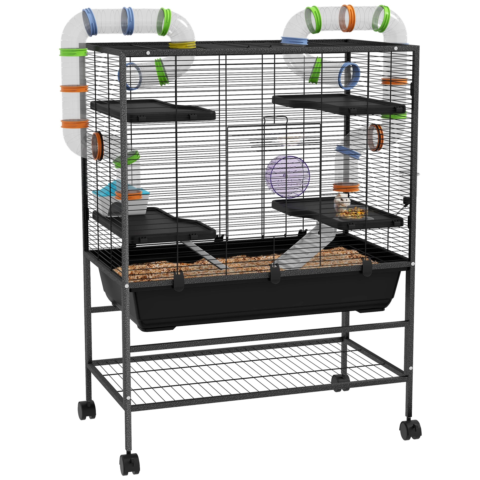 Knaagdierkooi – Hamsterkooi – Knaagdierverblijf – Kooi Met Buisjes – Dierenkooi – Ruim 109x82x46 cm – Inclusief Loopwiel & Waterfles – Zwart - QUORE
