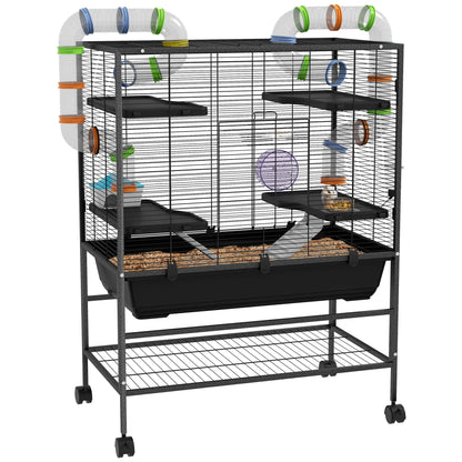 Knaagdierkooi – Hamsterkooi – Knaagdierverblijf – Kooi Met Buisjes – Dierenkooi – Ruim 109x82x46 cm – Inclusief Loopwiel & Waterfles – Zwart - QUORE