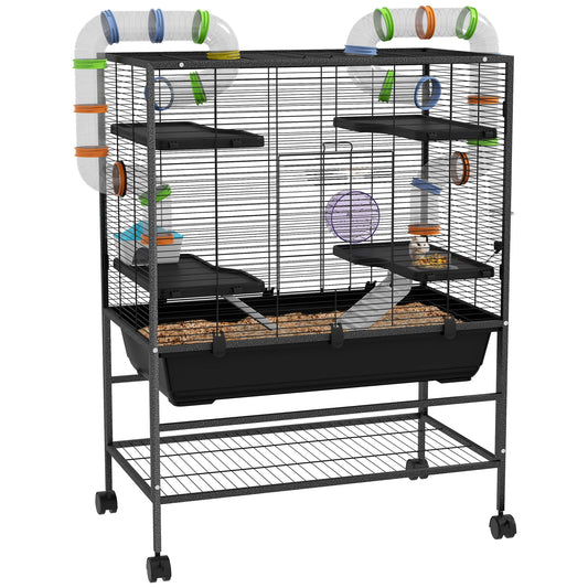 Knaagdierkooi – Hamsterkooi – Knaagdierverblijf – Kooi Met Buisjes – Dierenkooi – Ruim 109x82x46 cm – Inclusief Loopwiel & Waterfles – Zwart - QUORE