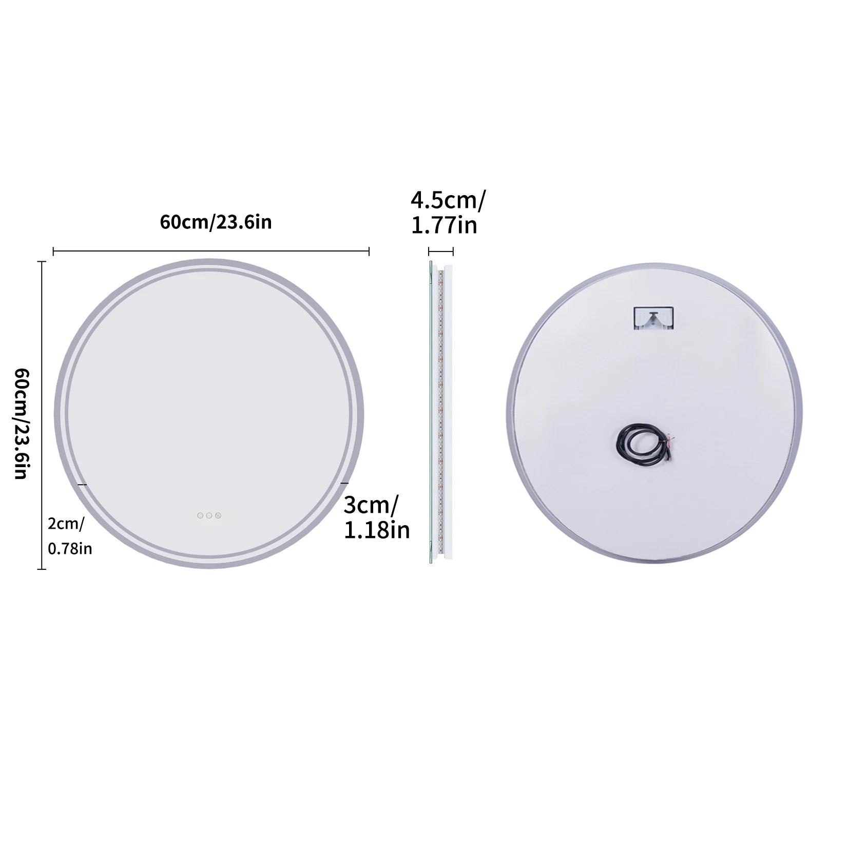 Badkamerspiegel - met LED - Wandspiegel Rond - Badkamerspiegel met Verlichting - Anti-condens - Dimbaar - Backlit - 3 Lichtkleuren - Touchschakelaar - IP44 Waterdicht - 60x60cm - QUORE