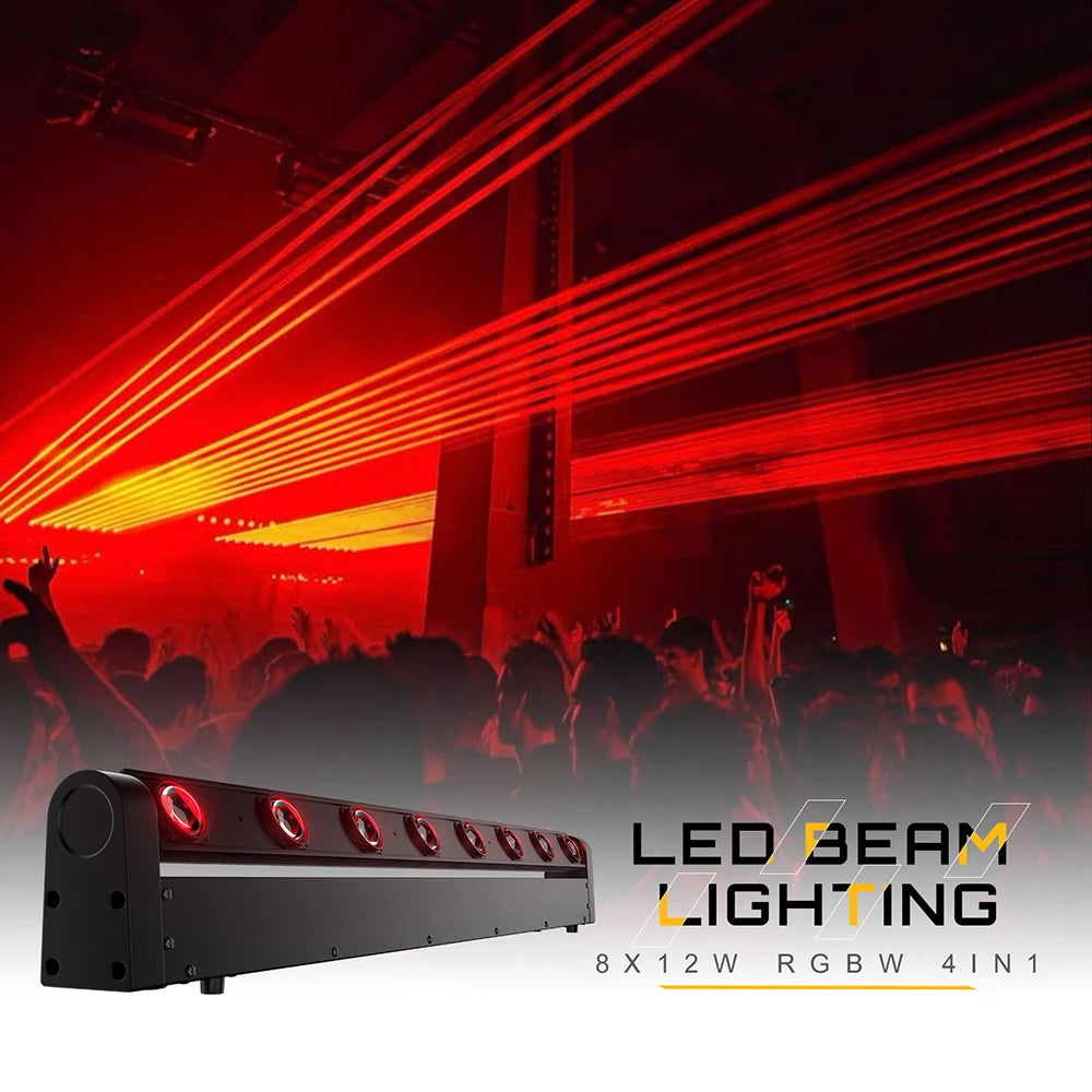 LED Beam Bar – DJ Verlichting – Podiumlicht – Evenementenlicht – Theaterlicht – 8x12W RGBW LED – DMX512 Geluidsgestuurd – Compact Robuust Design – EU Plug