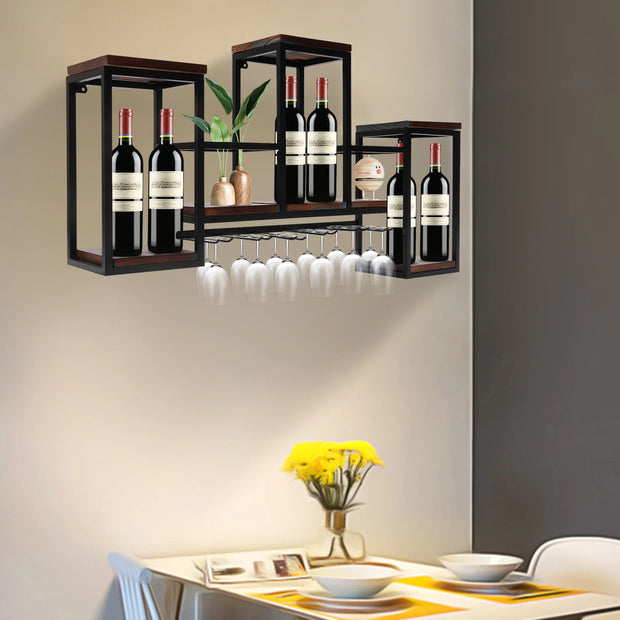Wine Rack - Wine Bottle Rack - Wijnrek - Wijnflessenrek - Metalen Wijnfleshouder - Industrieel Wandgemonteerd Wijnrek - Luxe Opslag voor Wijnflessen & Glazen
