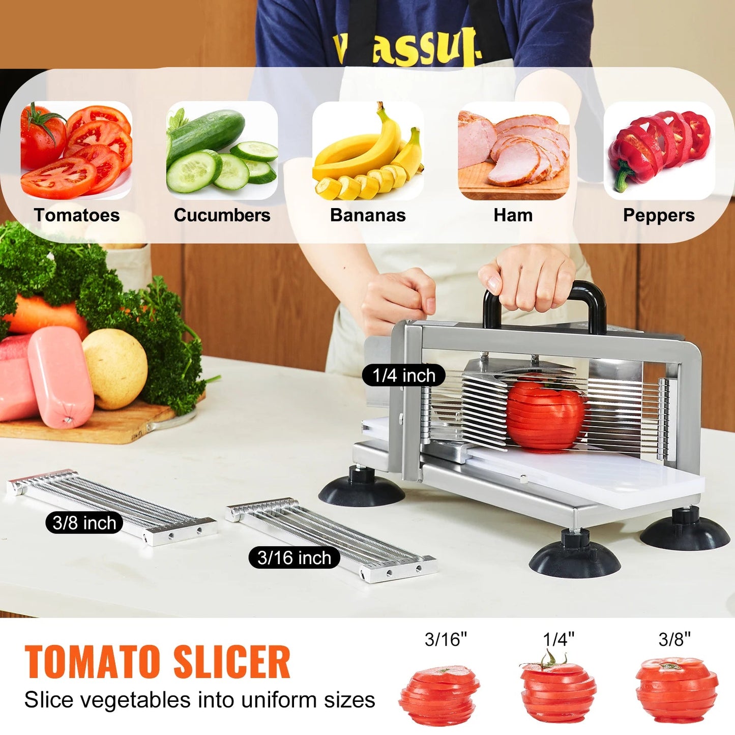 Tomatensnijder - Snijmachine - Handmatige Tomatensnijder - Groentesnijder  - Mandoline - frietsnijder -  0.19inch - Heavy-Duty RVS Snijmachine - Roestvrijstalen Voedselsnijmachine met Antislip Voeten - QUORE
