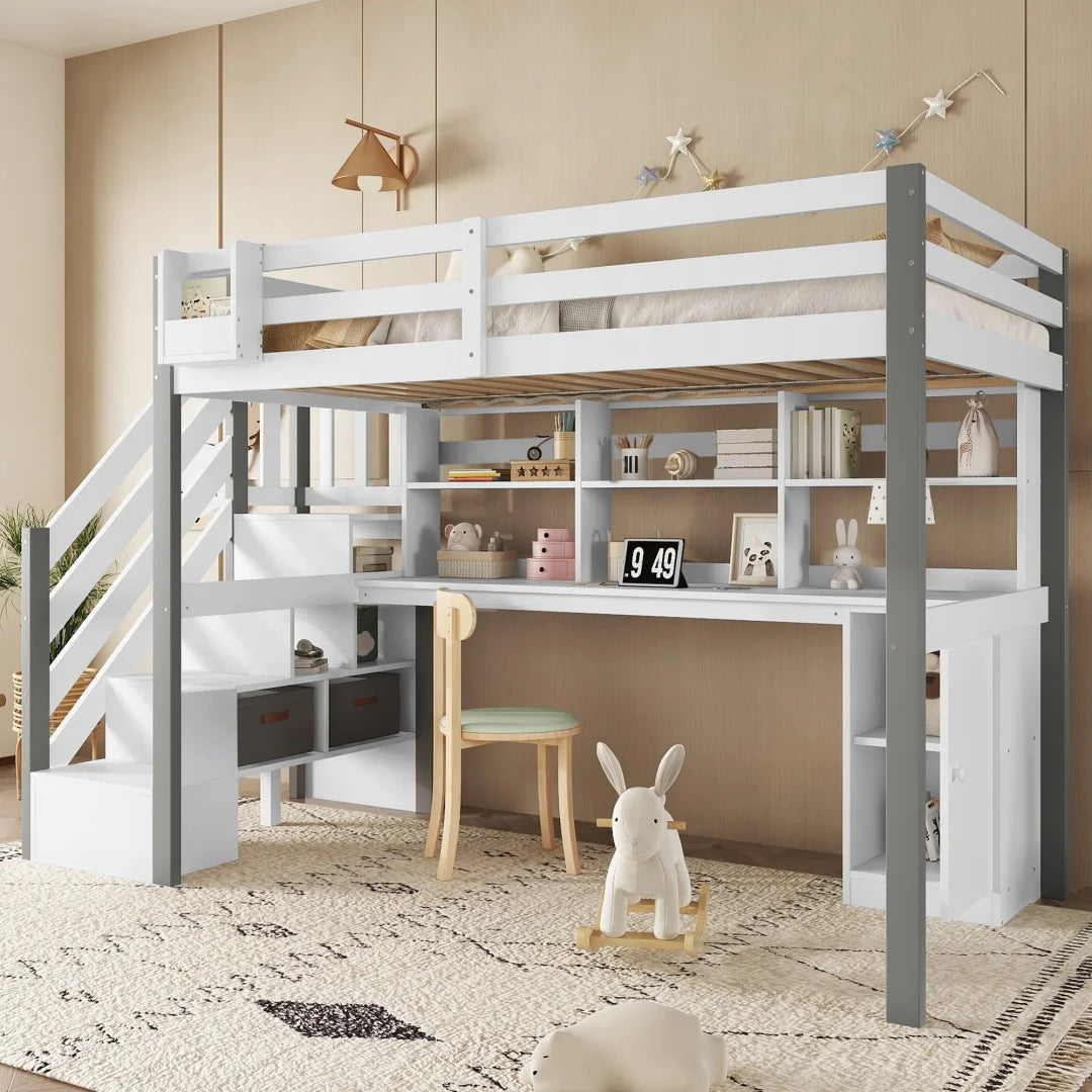 Hoogslaper – Metalen Bed – Eenpersoonsbed – Mezzanine – Kinderbed – 140x200 cm – Integraal Bureau & Opbergruimte – USB Oplaadstation met LED Verlichting