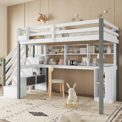 Hoogslaper – Metalen Bed – Eenpersoonsbed – Mezzanine – Kinderbed – 140x200 cm – Integraal Bureau & Opbergruimte – USB Oplaadstation met LED Verlichting