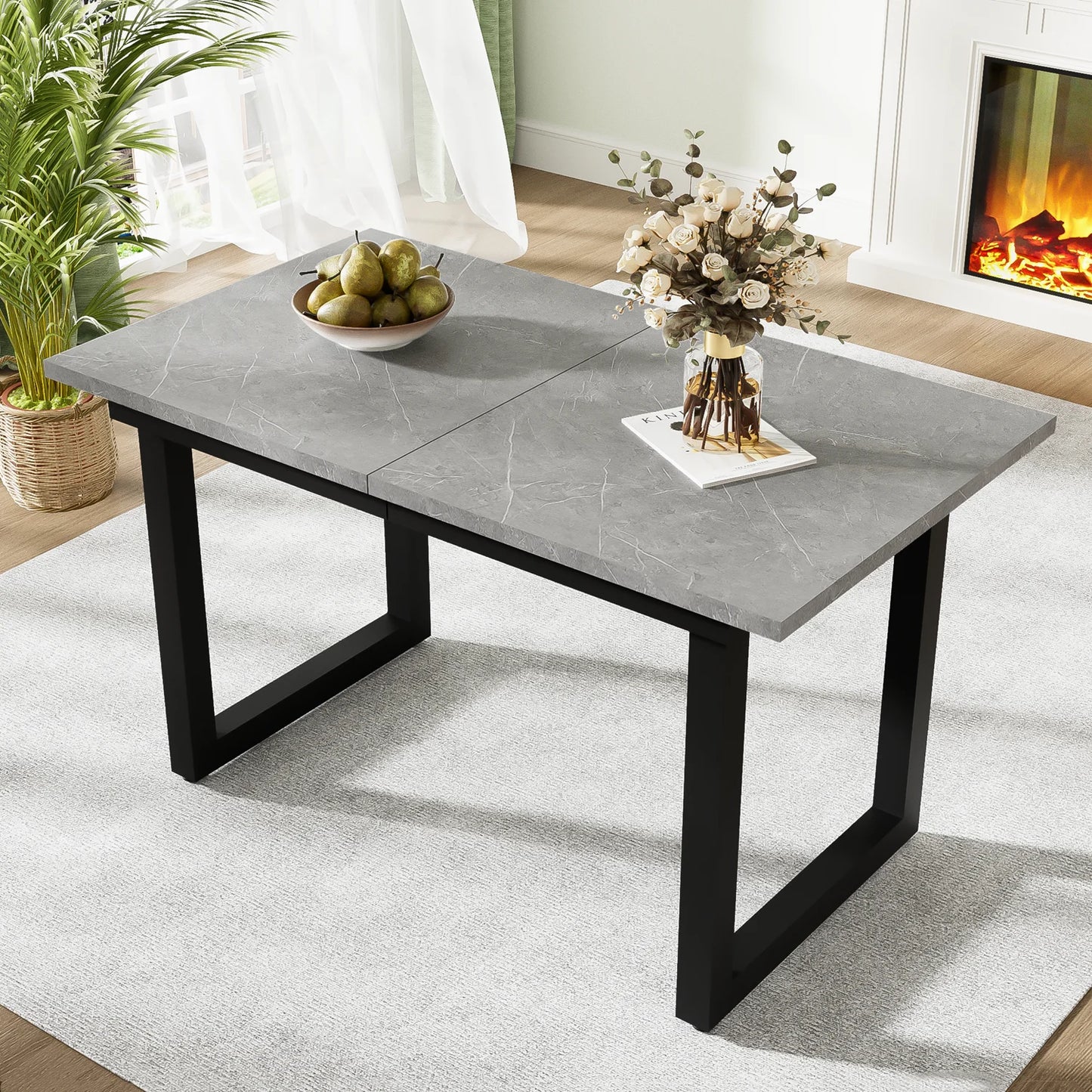 Industriële Eettafel – Uittrekbare Tafel – Verstelbare Tafelpoten – Betonlook Tafel – MDF Blad – 140-180 Cm Lang – Metalen Frame - QUORE