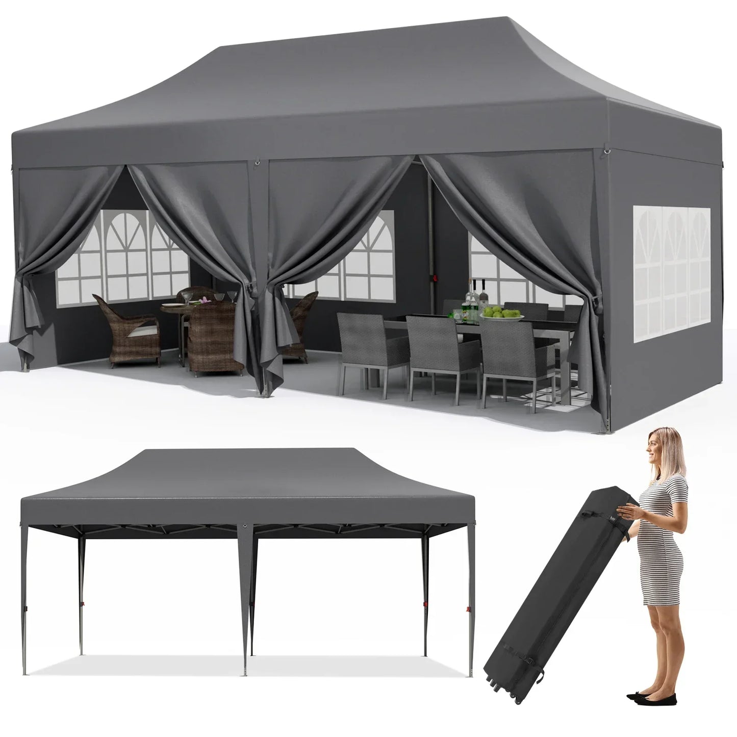 Paviljoen - Tuinpaviljoen - Partytent - Tuintent - Pop-up Kliksysteem - Stabiel - Vouwtent - Opvouwbaar - met 6 Zijpanelen - Waterdicht - Winterbestendig - 50+UV-Bescherming - voor Tuin - Buiten - Achtertuin - Oxford fabric - 3 x 6 m - Donkergrijs - QUORE