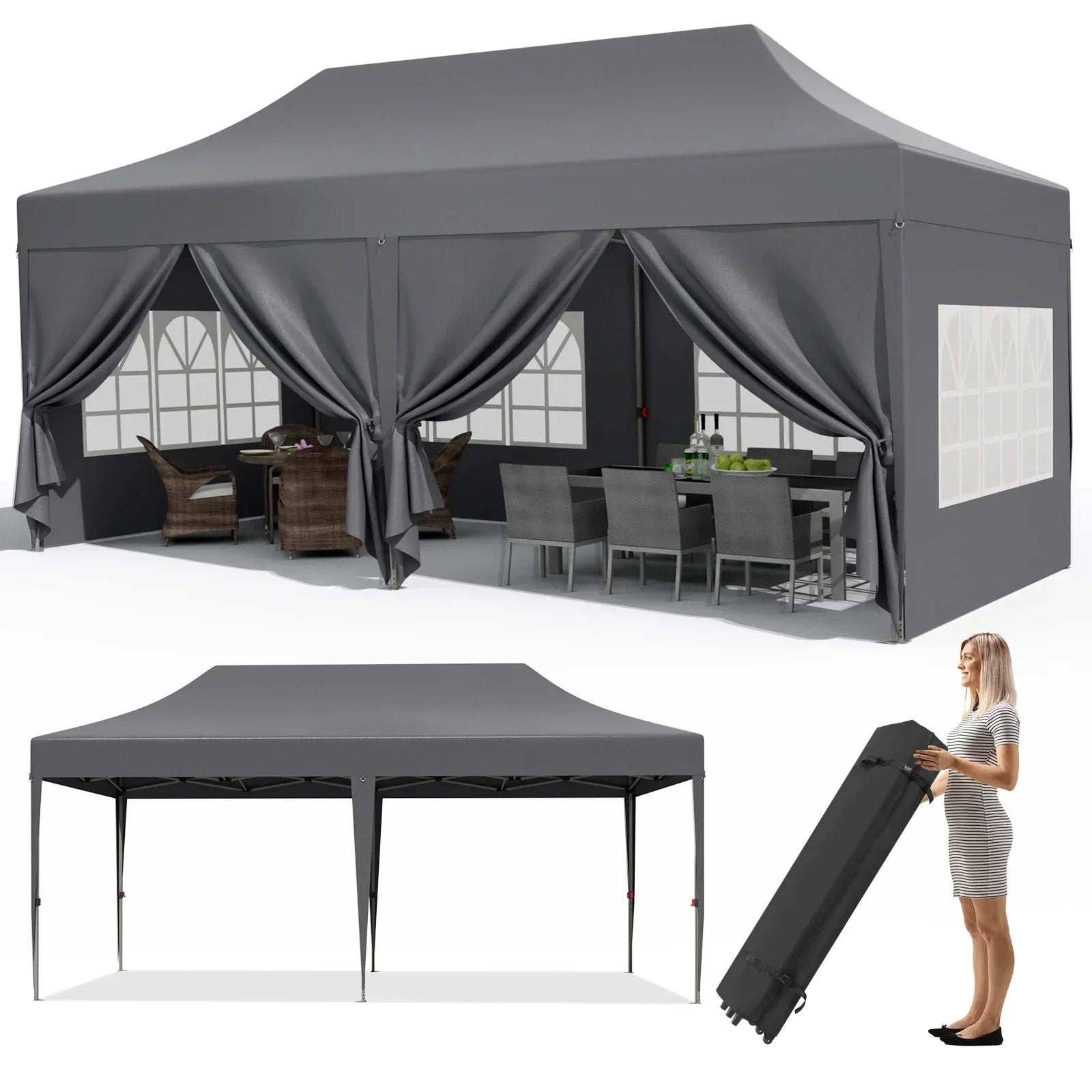 Paviljoen - Tuinpaviljoen - Partytent - Tuintent - Pop-up Kliksysteem - Stabiel - Vouwtent - Opvouwbaar - met 6 Zijpanelen - Waterdicht - Winterbestendig - 50+UV-Bescherming - voor Tuin - Buiten - Achtertuin - Oxford fabric - 3 x 6 m - Donkergrijs - QUORE