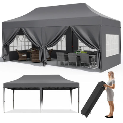 Paviljoen - Tuinpaviljoen - Partytent - Tuintent - Pop-up Kliksysteem - Stabiel - Vouwtent - Opvouwbaar - met 6 Zijpanelen - Waterdicht - Winterbestendig - 50+UV-Bescherming - voor Tuin - Buiten - Achtertuin - Oxford fabric - 3 x 6 m - Donkergrijs - QUORE