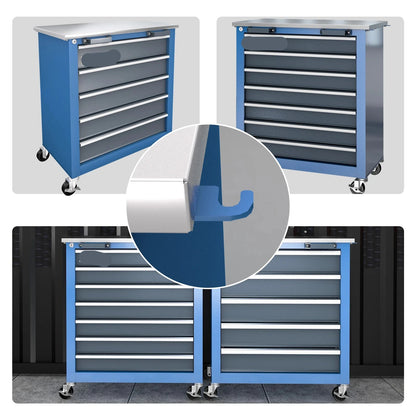 Modulaire Gereedschapskast - Werkplaatswagen - Gereedschapswagen - 5 of 7 Lades - 3-in-1 Opbergoplossing - Met Wielen - en Slot - Metalen Werkbank - Koppelbare Tool Cabinet - Blauw