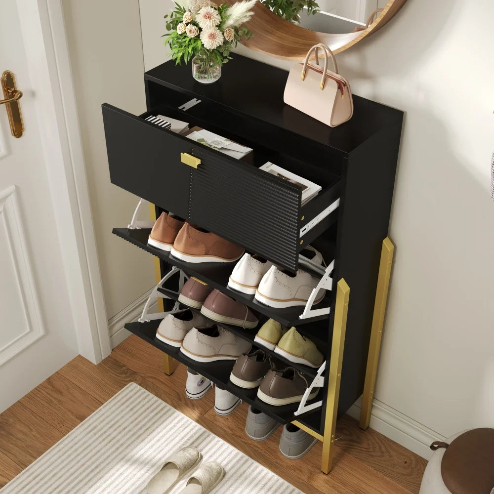 Schoenenrek – Schoenenkast – Opbergkast – Schoenrek – Schoenopberger – Dubbele Planken – Gouden Accenten - 65 x 120,5 x 25 cm - Zwart