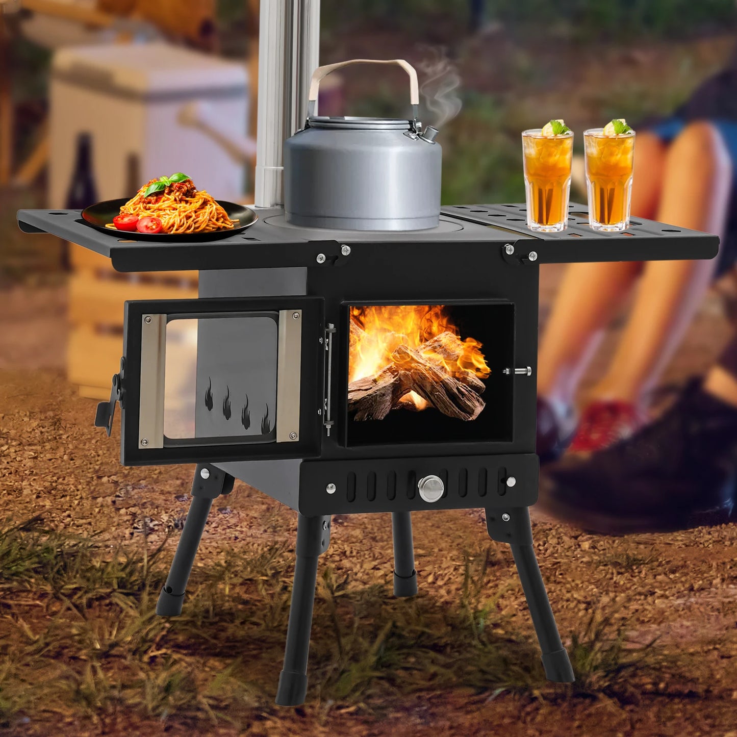 Houtkachel – Draagbare Kachel – Buiten Koken – Kampeeroven – Compact Design – Hoogwaardig Koolstofstaal – Verstelbare Poten