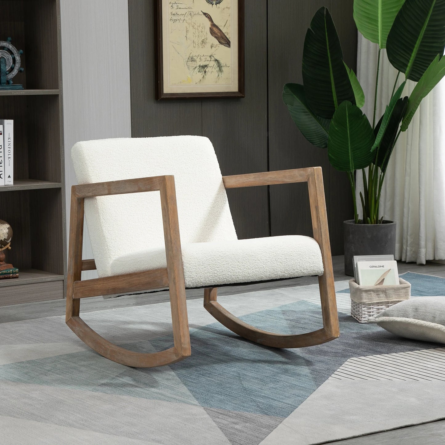 Schommelstoel - Tuinstoel - Lounge Fauteuil - Tuinmeubel - Ligstoelen Buiten - Binnen - met Kussen - voor Woonkamer - Slaapkamer - Thuis - Noords Stijl - Stevig - Duurzam - Eenvoudig te Monteren - Hout - 60 x 81 x 71 cm - Cream