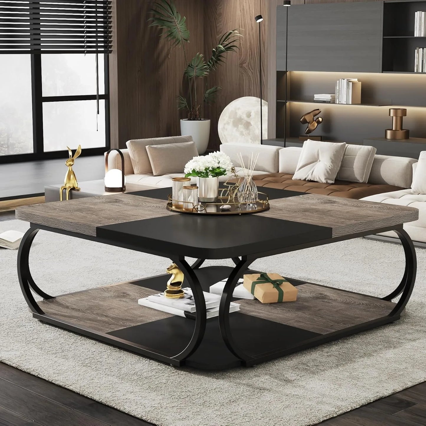 Koffietafel – Salontafel – Bijzettafel – Woonkamertafel – Dubbel Blad – Met Opbergruimte – Met Verstelbare Voetjes - 100 x 100 x 50 cm - Zwart Rustiek Grijs
