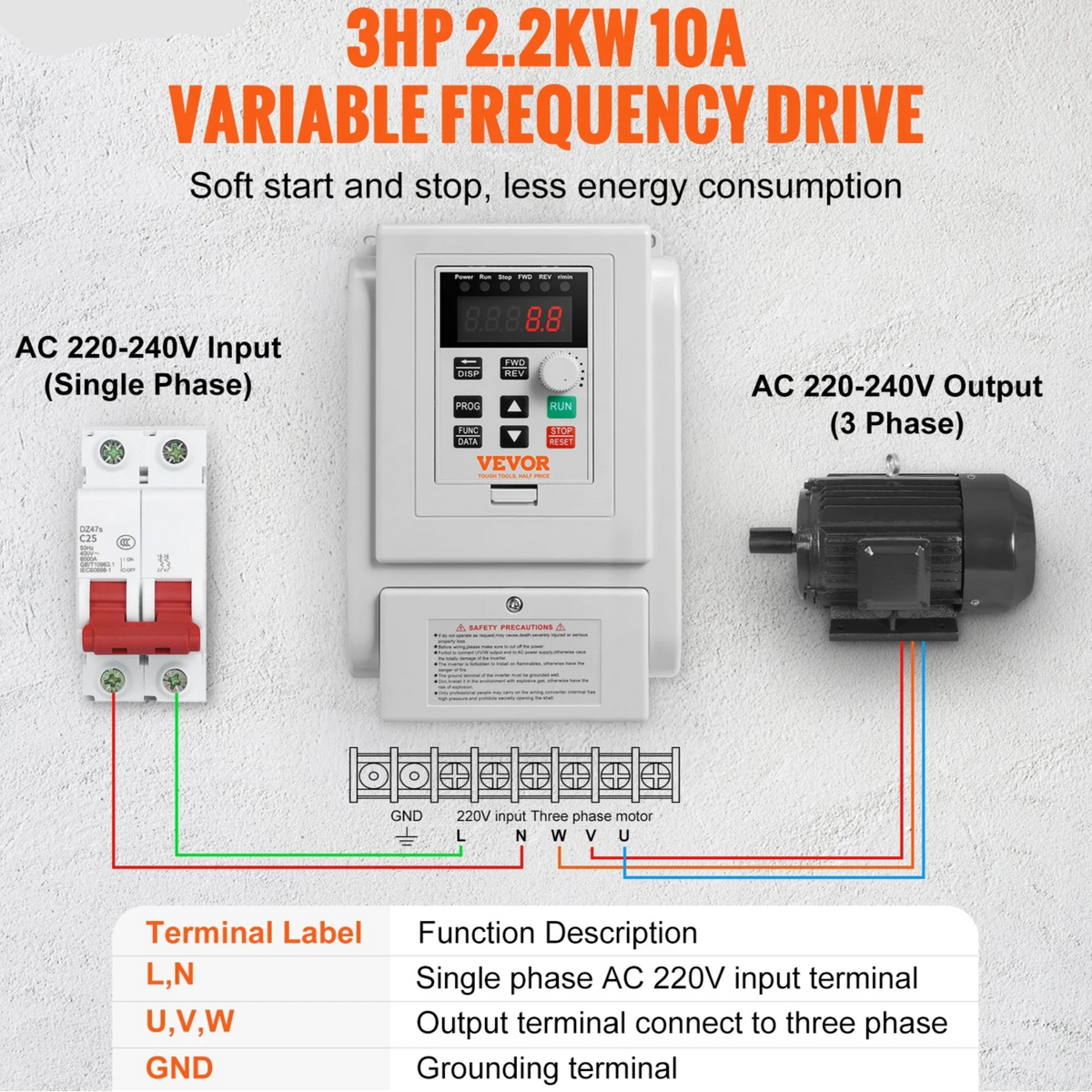 Vevor - Frequentieomvormer - 2.2KW - VFD - AC 240V enkele fase - 400Hz - 3HP - 10A - Snelheidsregelaar voor waterpompmotor CNC - Wit - QUORE