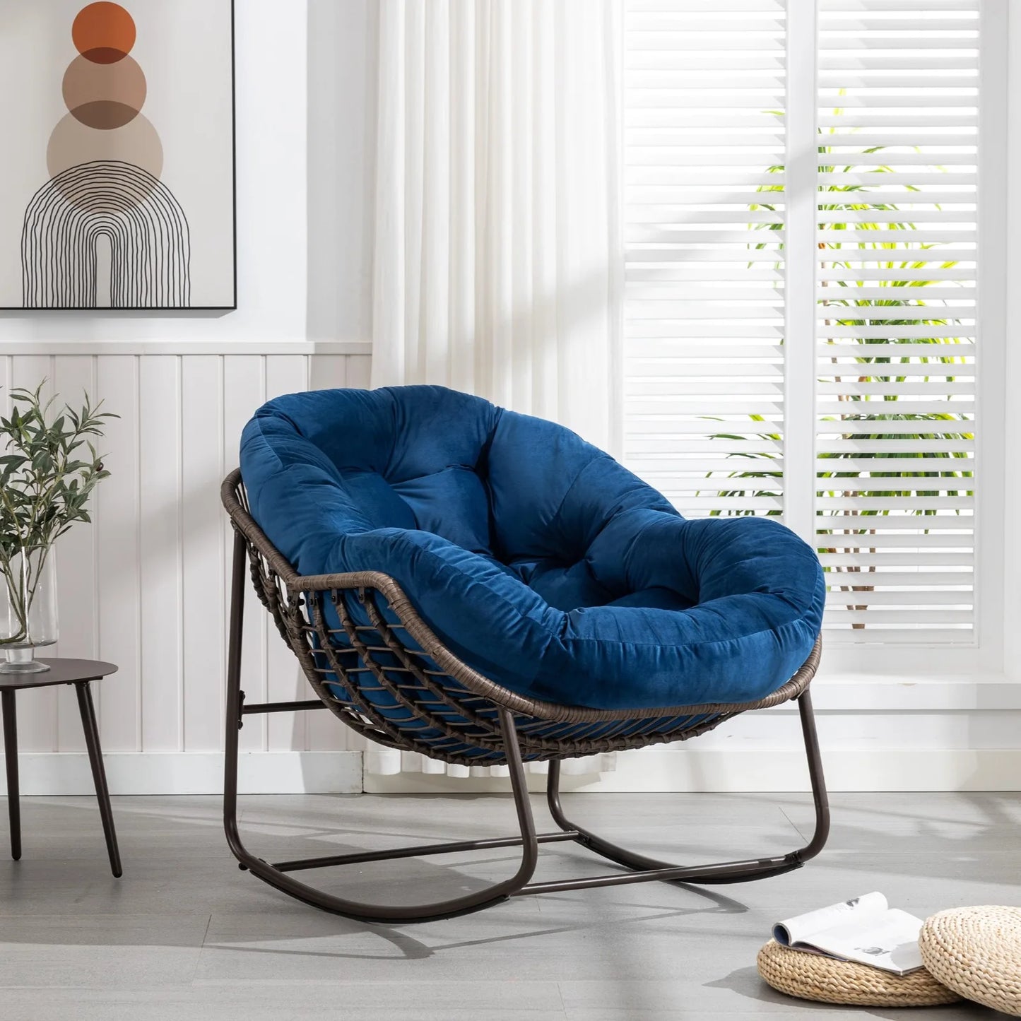 Schommelstoel – Relaxstoel – Fauteuil – Loungestoel – Schommelbank – Kunstrotan – Gepoedercoat Stalen Frame – Comfortabel Faux Fur Kussen – Navy Blauw
