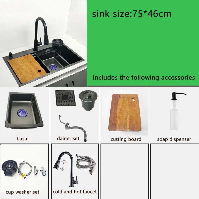 Nano Kitchen Sink Matte Black Above Mount Washing Basin with chopping board 304 Stainless Steel Single black kitchen sink