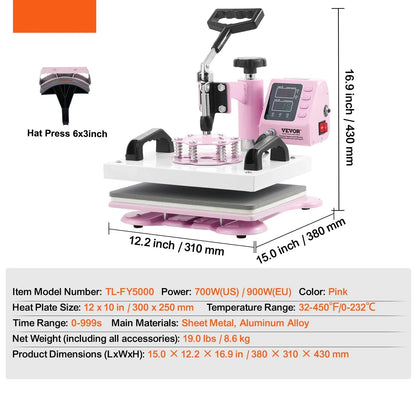 12x10 Inch Hittepers - Digitale Transferpers voor T-Shirts, Kussens, Tassen & Meer - 360° Swing-Away Ontwerp - Compacte Sublimatie Machine - Roze