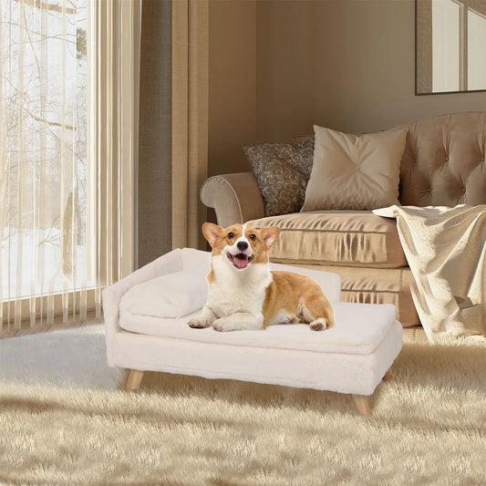 Hondenbed - Hondenbank - Hondensofa - Nordic Pet Bed met Waterdichte Knuffelmat - Slaapbank met Stevige Houten Poten - 100% Katoen - voor Kleine Honden & Kittens - 80x50x39cm/ 31.4x19.6x15.3 inch - Wit