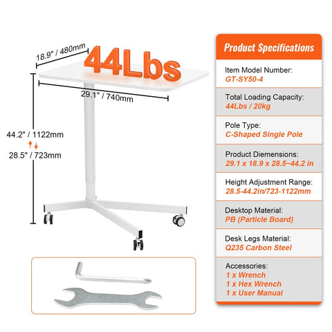 Office Desk - Adult Desk - Computer Desk - Computer Desk - Computer Table - Laptop Table - Gaming Desk - Gas Spring - Height Adjustable - Sit-Stand Desk - with Wheels - Portable - Rolling Laptop Table - 29.1x18.9 in - White