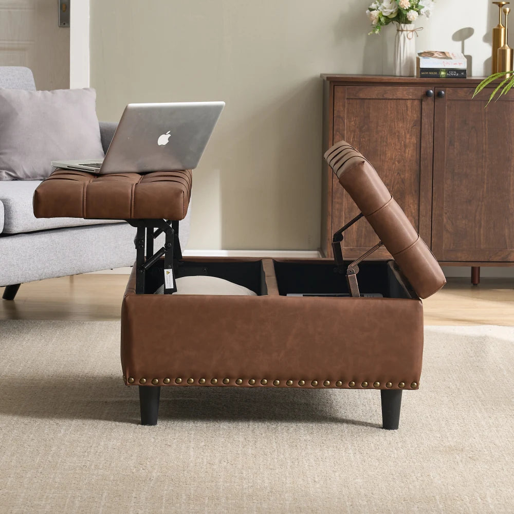 Opbergpoef – Opbergbank – Zitkist – Opbergbox – Hocker – Stevig Massief Houten Frame – Zachte PU-Leren Bekleding – Groot Vierkant – 75x75x41 cm
