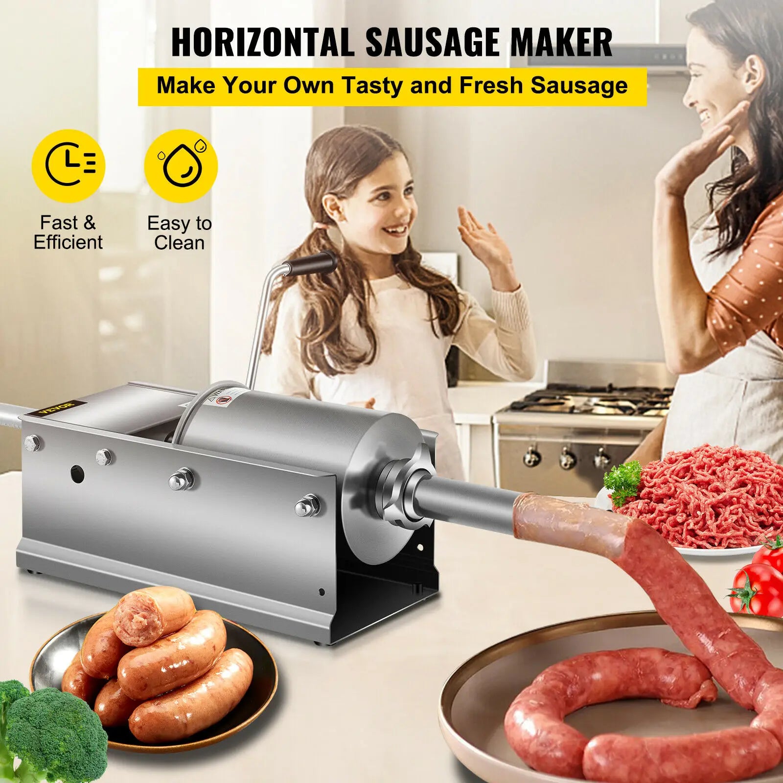 Worstenvuller – Worstenmaker - Worstmachine - Professionele 7L RVS Horizontale Worstenvuller - Inclusief 5 Vulmondstukken - QUORE