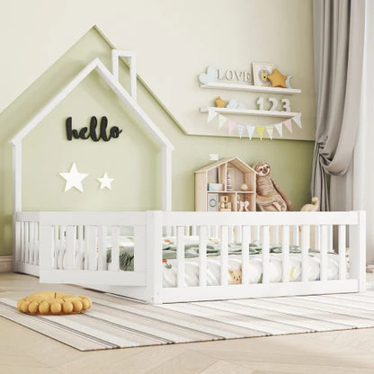 Kinderbed Tweepersoonsbed - Bed in Huis Design met Schoorsteen - Massief Houten - Bed met Lattenbodem -  140x200 cm  –  Wit