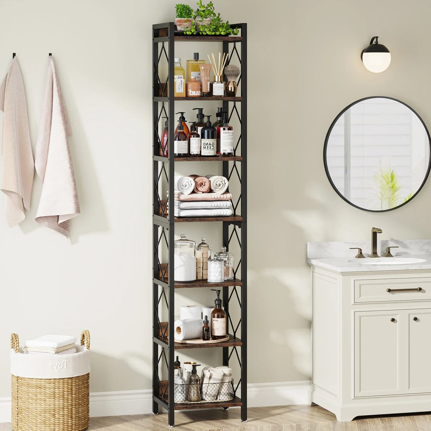 Hoekboekenplank – Smalle Boekenplank – Hoge Kast – Open Planken – 7 Laags – Compact 34 Cm Breed – Stevig Hout Met Metaal - QUORE