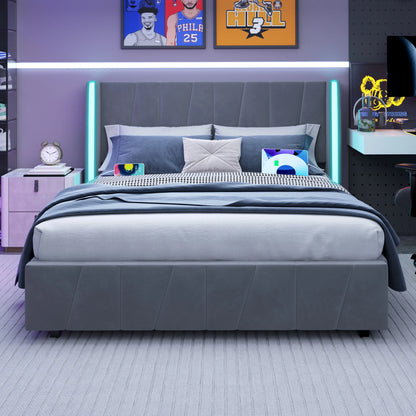Bedframe 160x200 – Tweepersoonsbed – Boxspring – Bedombouw – Slaapkamermeubel – Fluweelstof Bekleding – Hydraulische Opbergruimte – USB Poorten – LED Sfeerverlichting