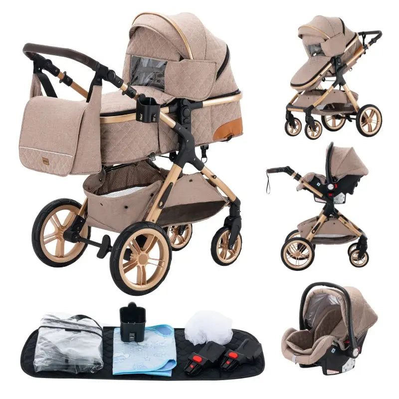 Stroller - Buggy - Kinderwagen 3-in-1 - Kinderwagens - Draagbare Reis Kinderwagen  - Hoogland Pram -Multifunctionele Aluminium Frame Kinderwagen - Hoge uitvoering - Hoge versie - Khaki