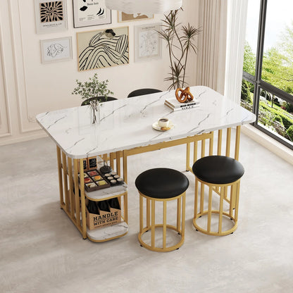 Eettafel Set – Eettafel Met Stoelen – Eetkamerset – Opbergtafel – Witte En Gouden Kleurstelling – Stevig Met Metalen Frame