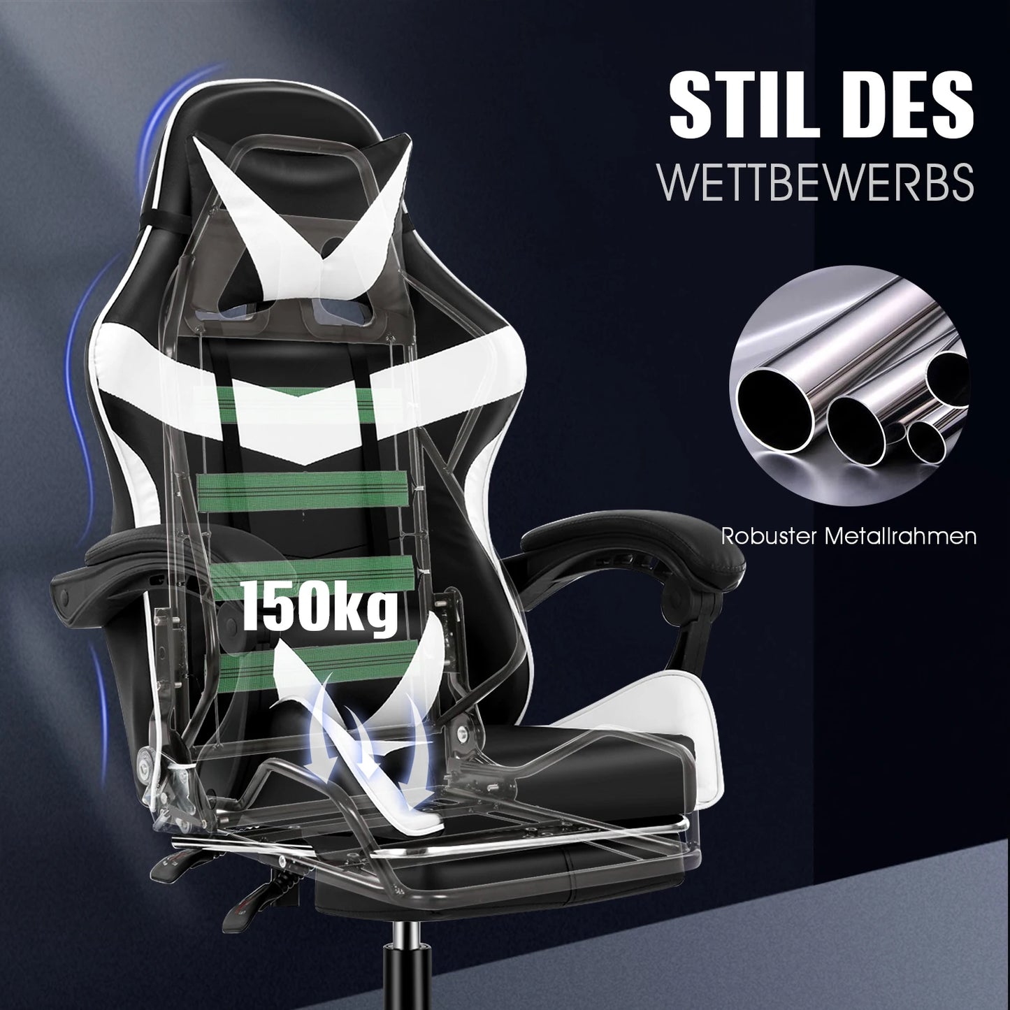 Gaming Stoel - Massage Gaming Stoel - Bureaustoel - Swivel Stoel - met Voetsteun - Hoofdsteun - Verstelbare - Rugleuning - 6-puntsmassage - Ergonomische - Draaibare - 59 x 68 - 115-125 - Zwart & Wit