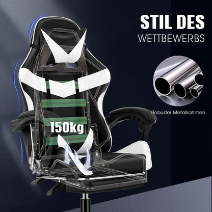 Gaming Stoel - Massage Gaming Stoel - Bureaustoel - Swivel Stoel - met Voetsteun - Hoofdsteun - Verstelbare - Rugleuning - 6-puntsmassage - Ergonomische - Draaibare - 59 x 68 - 115-125 - Zwart & Wit